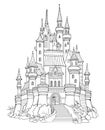 Illustration of ancient medieval kingdom. Black and white page for kids coloring book. Fairyland fortress. Worksheet for drawing