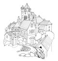 Illustration of ancient medieval village. Fairyland kingdom. Black and white page for kids coloring book. Worksheet for drawing