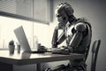 illustration, android robot thinking in the office, ai generative Royalty Free Stock Photo