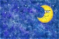 illustration of angry cartoon moon in watercolor night sky