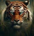 illustration of Angry Royal Bengal Tiger hidden behind grass