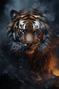 Illustration angry tiger portrait fire and smoke. Animal on a dark background. Generative AI Royalty Free Stock Photo