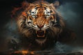 Illustration angry tiger portrait fire and smoke. Animal on a dark background. Generative AI Royalty Free Stock Photo