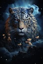 Illustration angry tiger portrait fire and smoke. Animal on a dark background. Generative AI Royalty Free Stock Photo