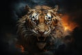 Illustration angry tiger portrait fire and smoke. Animal on a dark background. Generative AI Royalty Free Stock Photo