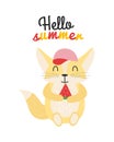 Illustration of an animal Fenech in a cap with a watermelon in its paws and the inscription hello summer. Print Fenech