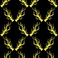 illustration with animal gold horns silhouettes isolated on black background. Seamless pattern