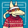 Illustration of an animal wearing a christmas hat and sweater. Generative AI