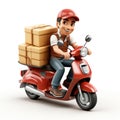 Illustration of an animated delivery man riding a scooter with packages