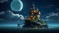 Illustration Animated of house on the island at the middle of ocean and moon scene