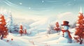 Illustration animated landscapes of snowman in the forest at snow season