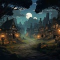 Illustration Animated of night view of house in the forest with moon