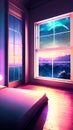 Anime bedroom background wallpaper with galaxy stars night scene Royalty Free Stock Photo