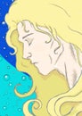 Illustration of an anime guy with beautiful blond hair against in a water bubles