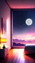 Anime room scene with a huge window with beautiful night scene. Digital art.
