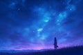 Anime-style silhouette young girl starry sky nebulae stars night blue purple Royalty Free Stock Photo