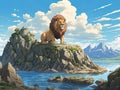 Illustration anime wallpaper of The great lion stand on cliff rock in ocean