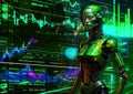 Portrait of a female robot in green neon lighting, on an abstract background with stock quotes and charts.