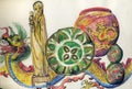 Illustration of antique Chinese figures and china.