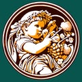 An illustration of an antique engraving style cherub playing the harp. AI Generated