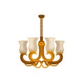 Flat vector icon of antique golden chandelier. Decorative hanging light with four branches for light bulbs