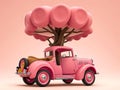 illustration of antique pink car with pink background. Generative AI