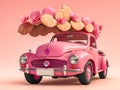 illustration of antique pink car with pink background and flowers. Generative AI