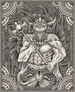 Illustration antique viking warriors with engraving ornament frame