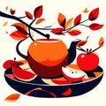 Illustration of an apple and a teapot on a plate AI generated