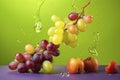 illustration, apples and grapes flying with splashes of juice, ai generative Royalty Free Stock Photo