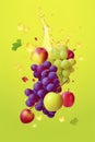 illustration, apples and grapes flying with splashes of juice, ai generative Royalty Free Stock Photo