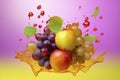 illustration, apples and grapes flying with splashes of juice, ai generative