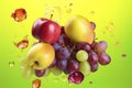 illustration, apples and grapes flying with splashes of juice, ai generative