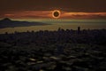 Illustration of April 8, 2024 total solar eclipse, american city during eclipse - Generative AI