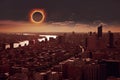 Illustration of April 8, 2024 total solar eclipse, american city during eclipse - Generative AI