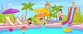 Illustration of an aqua park with a swimming pool, water slides and happy children