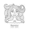 Illustration of Aquarius zodiac sign. Element of Air. Beautiful Girl Portrait. One of 12 Women in Collection For Your Royalty Free Stock Photo