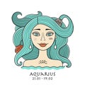 Illustration of Aquarius zodiac sign. Element of Air. Beautiful Girl Portrait. One of 12 Women in Collection For Your Royalty Free Stock Photo