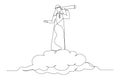 Illustration of arab businessman riding cloud holding telescope or binocular to search for business visionary. Opportunity, vision
