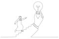 Illustration of arab businessman step on stair of big hand holding inspiring bright lightbulb. Inspiration idea. Single line art