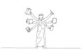 Illustration of arab man with several hand concept of multitasking. One line style art