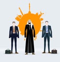 Illustration of Arabian businessman in national dress and his team. Oil and gas industry concept Royalty Free Stock Photo