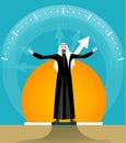 Illustration of Arabian businessman in national dress with wide open hands inviting to make a business.