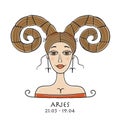 Illustration of Aries zodiac sign. Element of Fire. Beautiful Girl Portrait. One of 12 Women in Collection For Your