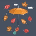 Illustration of arm hand holds umbrella on a dark background. Falling leaves are circling around.