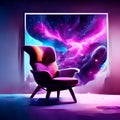 Illustration of an armchair in front of a window with a view of outer space AI Generated