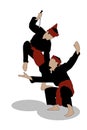 illustration of the art of double pencak silat, jumping by attacking the opponent in a championship show