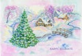 Illustration, art, drawing, watercolor, village, houses, river, bridge, winter, Christmas tree, pink, background, new year, snow,