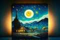 Art oil painting moon mountain village, hand drawn & artistic