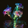 illustration art picture gladiolus neon halographic on the water. poster hanging.